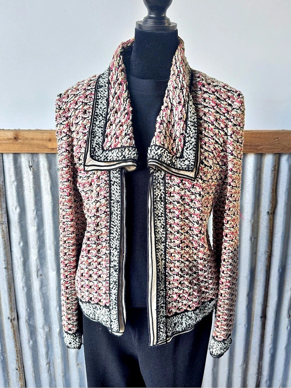 St. John Couture Textured Boucle Trim Jacket in Pink & Black